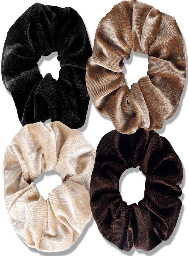 TUCEWP Velvet Scrunchies for Women Girls 4Pcs Large Brown Black Scrunchies Long Thick Curly Hair Soft Hair Bands Neutral Scrunchie Cute Ponytail Holders No Damage Elastic Hair Ties Hair Accessories - Image 1